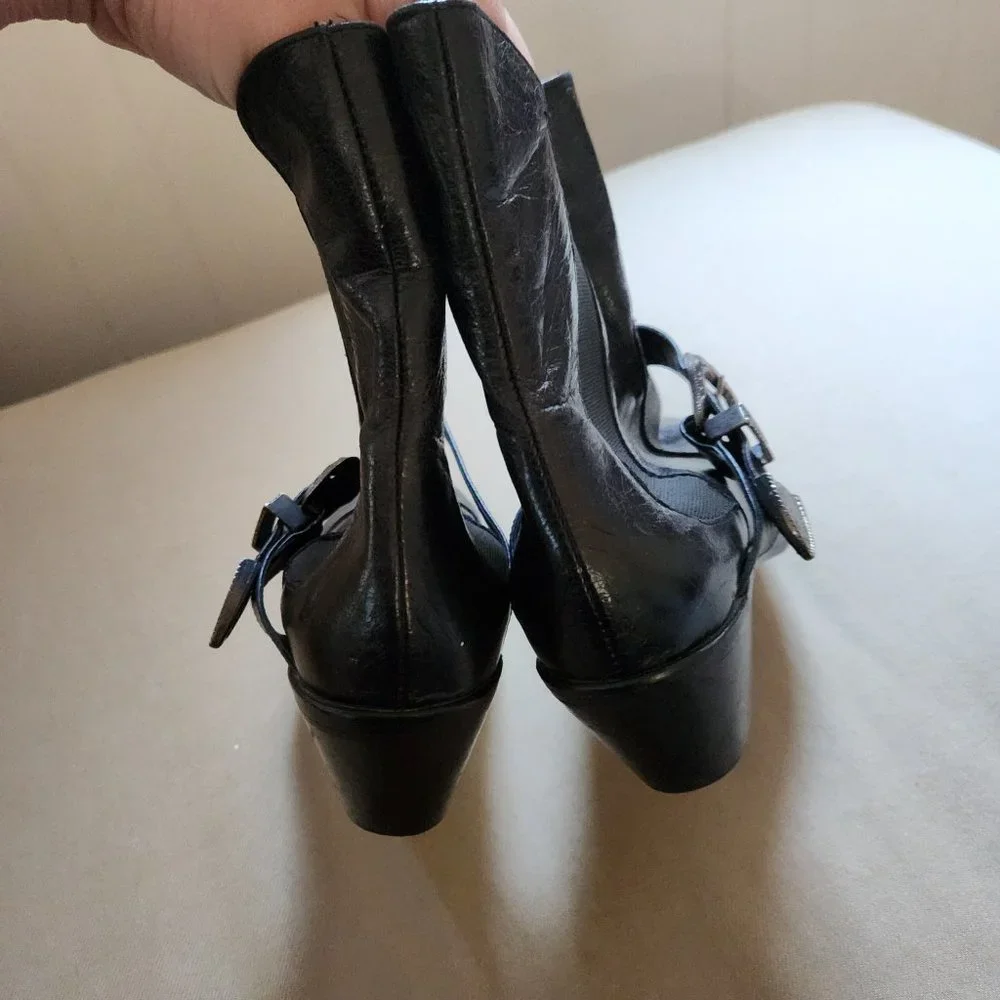 ZARA Black Leather Ankle Western Buckle Stacked Heel Boots - Picture 4 of 6